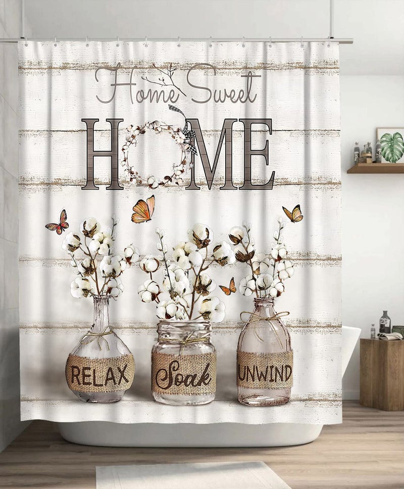 Tijuboni Farmhouse Shower Curtain Cotton Flowers Shower Curtains for Neutral Country Bathroom Decor Rustic Shower Curtain Set Waterproof Polyester Fabric 60 x 72 Inch - Image 1